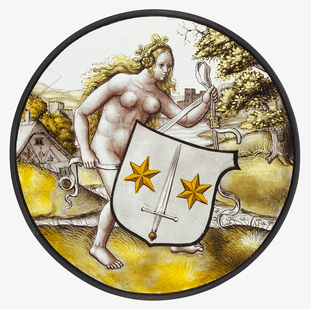 Roundel with Nude Woman Supporting a Heraldic Shield, Style of Jan Gossart (called Mabuse) (Netherlandish, Maubeuge ca. 1478–1532 Antwerp (?)), Colorless glass, vitreous paint and silver stain, South Netherlandish 