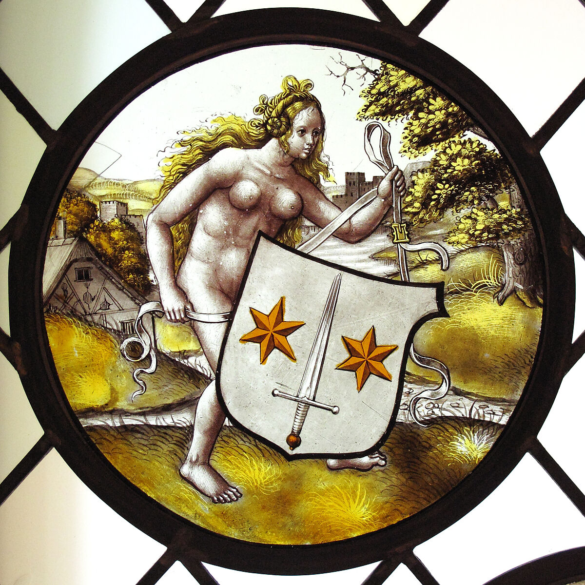 Roundel with Nude Woman Supporting a Heraldic Shield, Style of Jan Gossart (called Mabuse) (Netherlandish, Maubeuge ca. 1478–1532 Antwerp (?)), Colorless glass, vitreous paint and silver stain, South Netherlandish