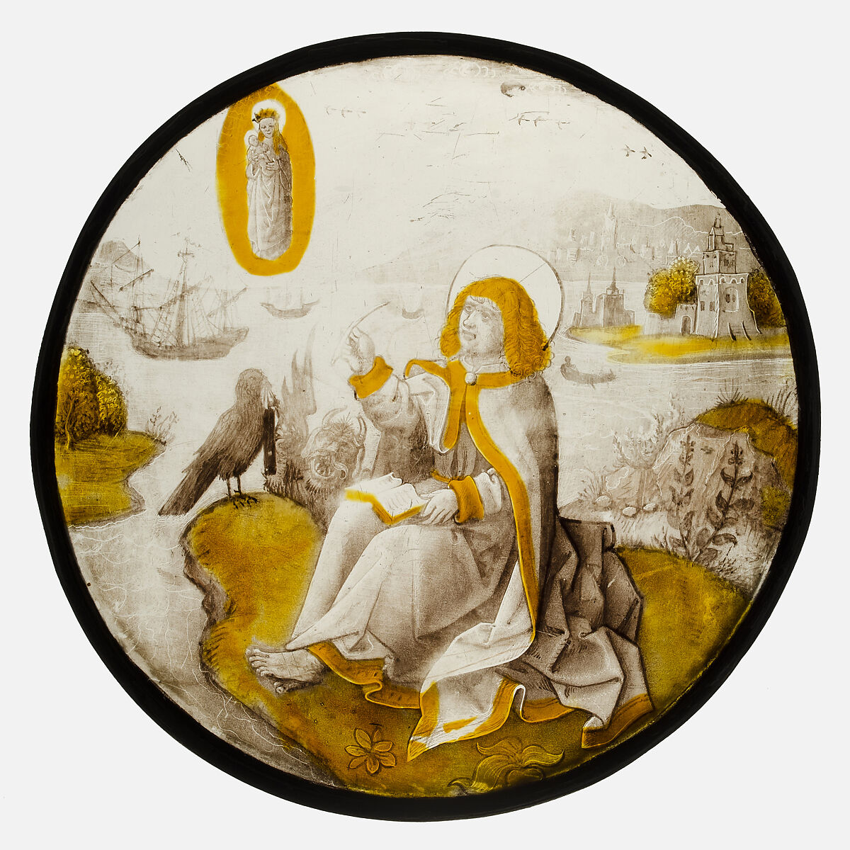 Roundel with Saint John on Patmos, Colorless glass, silver stain, vitreous paint, South Netherlandish (?) 