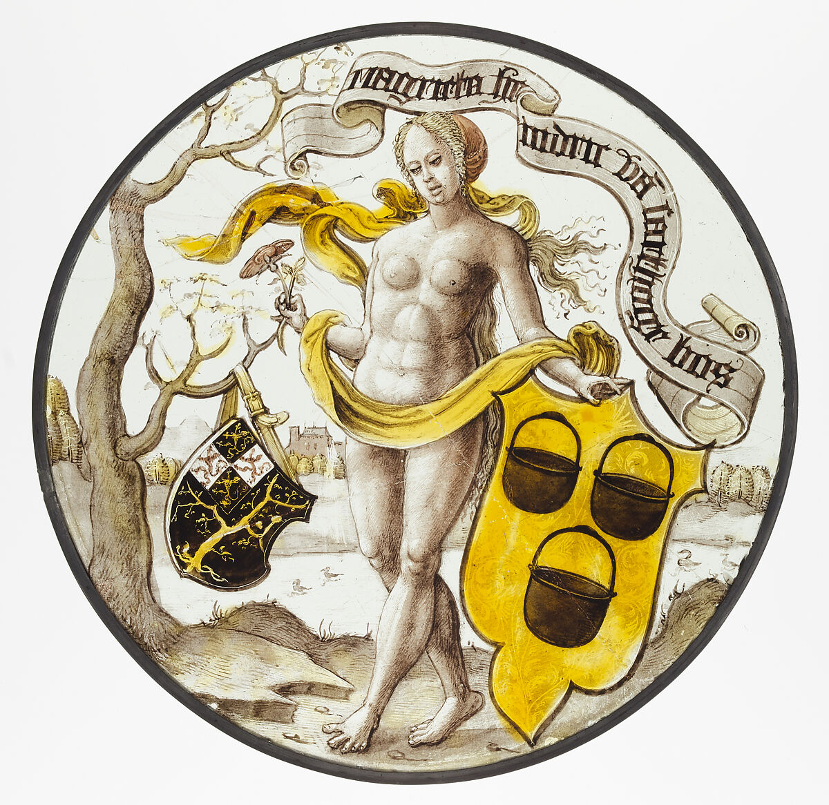 Roundel with Nude Woman Supporting a Heraldic Shield, Colorless glass, vitreous paint and silver stain, North Netherlandish 