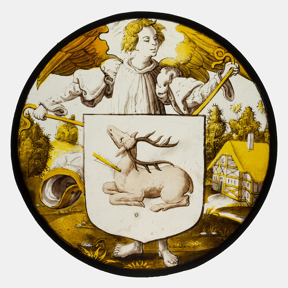 Roundel with Angel Supporting a Heraldic Shield, Colorless glass, silver stain, vitreous paint, South Netherlandish 