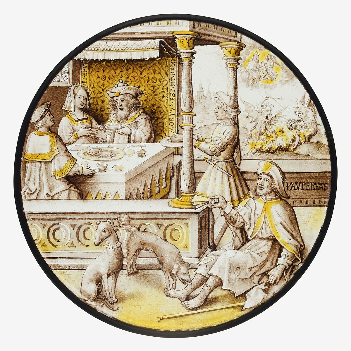 Roundel with Lazarus at the House of Dives, Colorless glass, vitreous paint and silver stain, South Netherlandish 