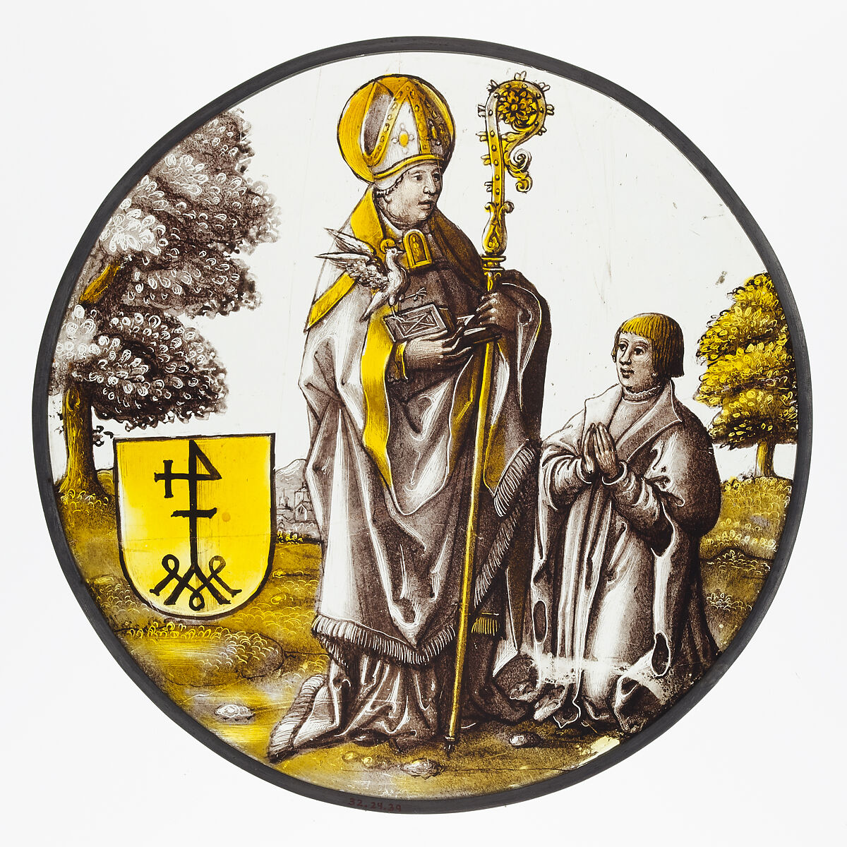 Roundel with Saint Basil the Great with a Donor, Colorless glass, vitreous paint and silver stain, South Netherlandish 