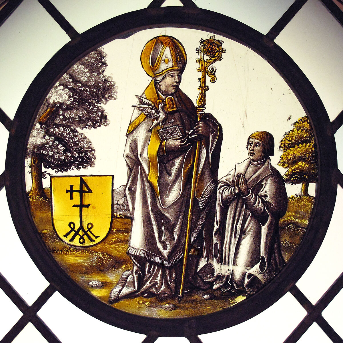 Roundel with Saint Basil the Great with a Donor, Colorless glass, vitreous paint and silver stain, South Netherlandish