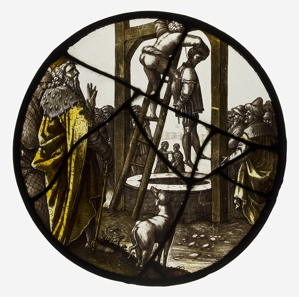 Roundel with the Hanging of Haman, Style of Jan Swart van Groningen (Netherlandish, Groningen ca. 1490/1500–1553 or later Antwerp) (?), Colorless glass, silver stain, vitreous paint, North Netherlandish (?) 