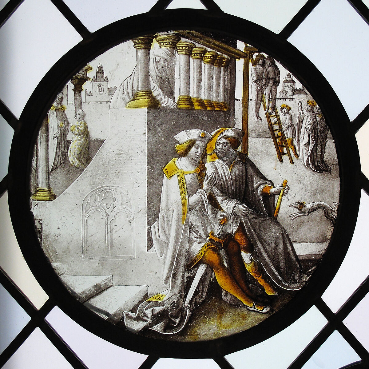 Roundel with Mordecai Overhearing the Conspirators, Colorless glass, vitreous paint and silver stain, South Netherlandish 