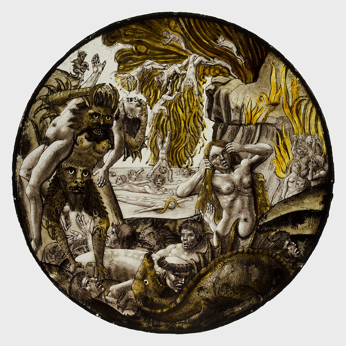Roundel with Souls Tormented in Hell, After Dieric Bouts (Netherlandish, Haarlem, active by 1457–died 1475), Colorless glass, silver stain, vitreous paint, South Netherlandish 