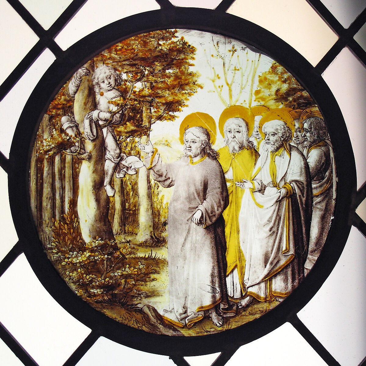 Roundel with Christ and Zacchaeus, Colorless glass, vitreous paint and silver stain, North Netherlandish 