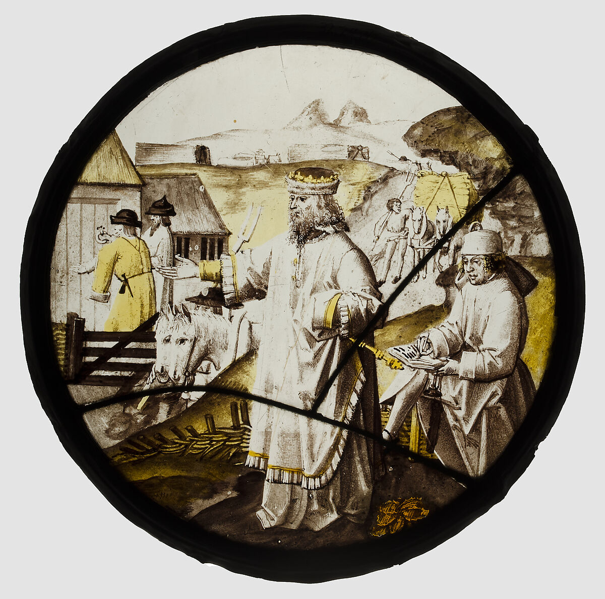 Roundel with Joseph Buying Corn in Egypt, Colorless glass, silver stain, vitreous paint, South Netherlandish 