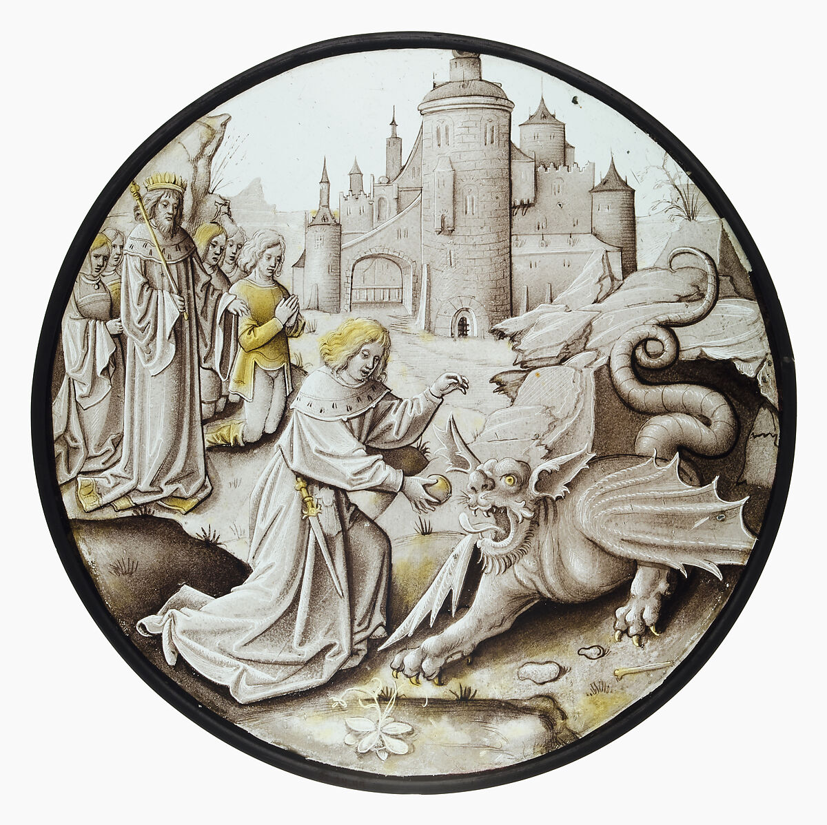 Roundel with Daniel Slaying the Dragon, Style of Pseudo-Ortkens (South Netherlandish, active Antwerp and Brussels, ca. 1500–30), Colorless glass, vitreous paint and silver stain, South Netherlandish 