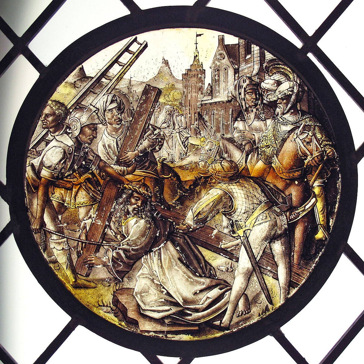 Roundel with Christ Bearing the Cross, Colorless glass, vitreous paint and silver stain, North Netherlandish 