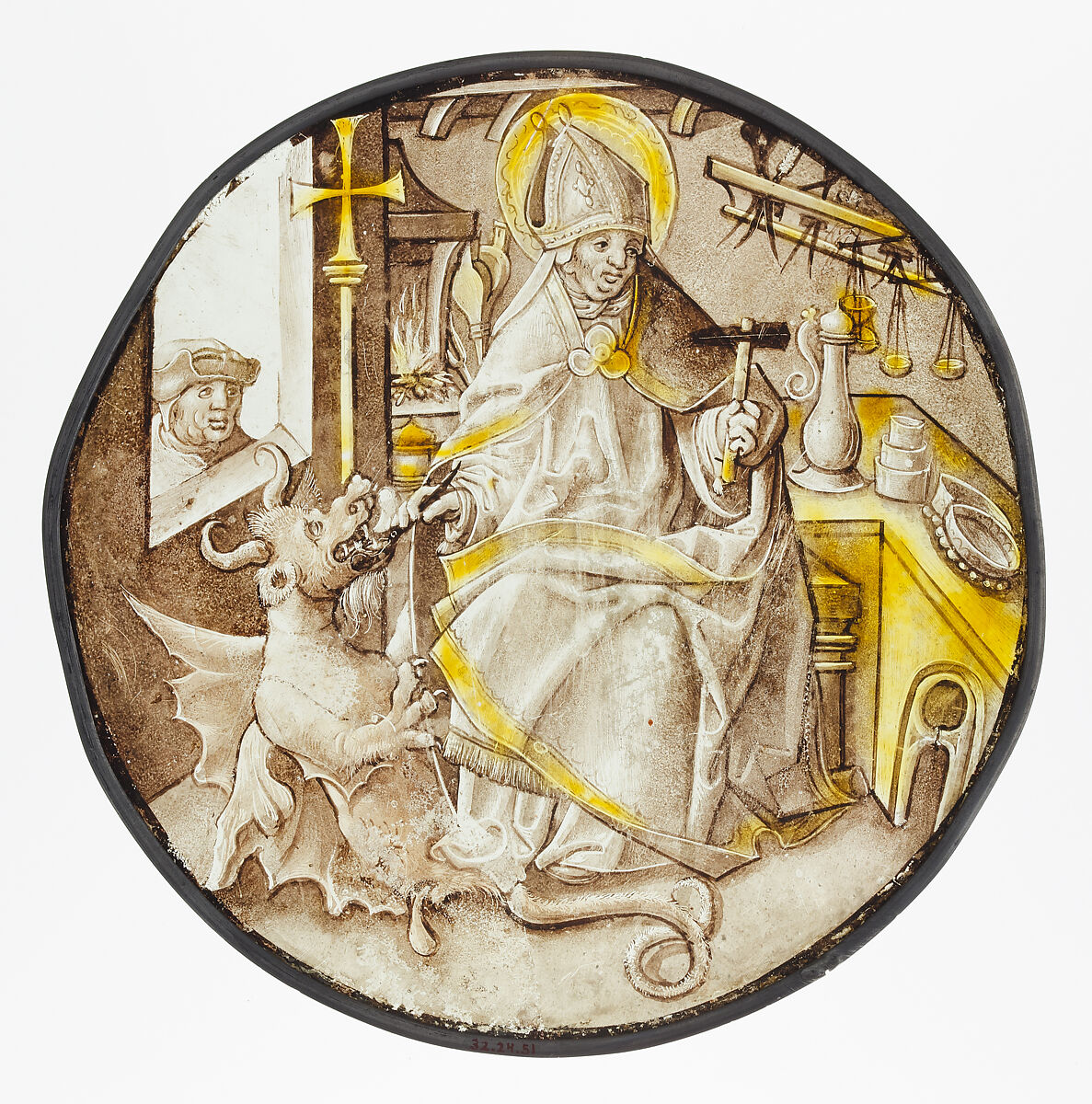 Roundel with Saint Dunstan of Canterbury, Colorless glass, vitreous paint and silver stain, South Netherlandish 