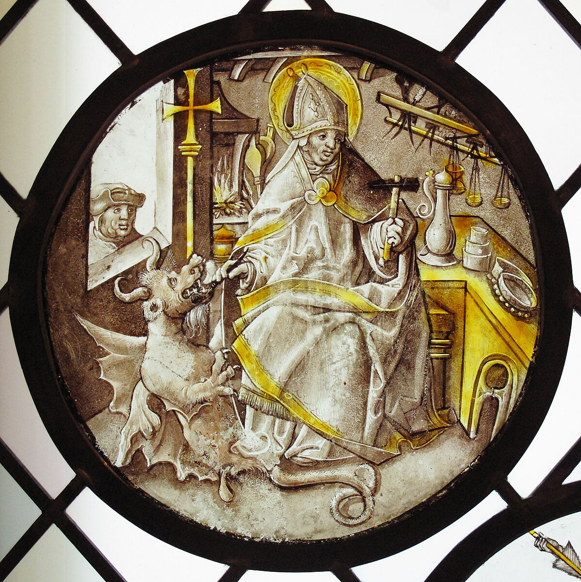 Roundel with Saint Dunstan of Canterbury, Colorless glass, vitreous paint and silver stain, South Netherlandish