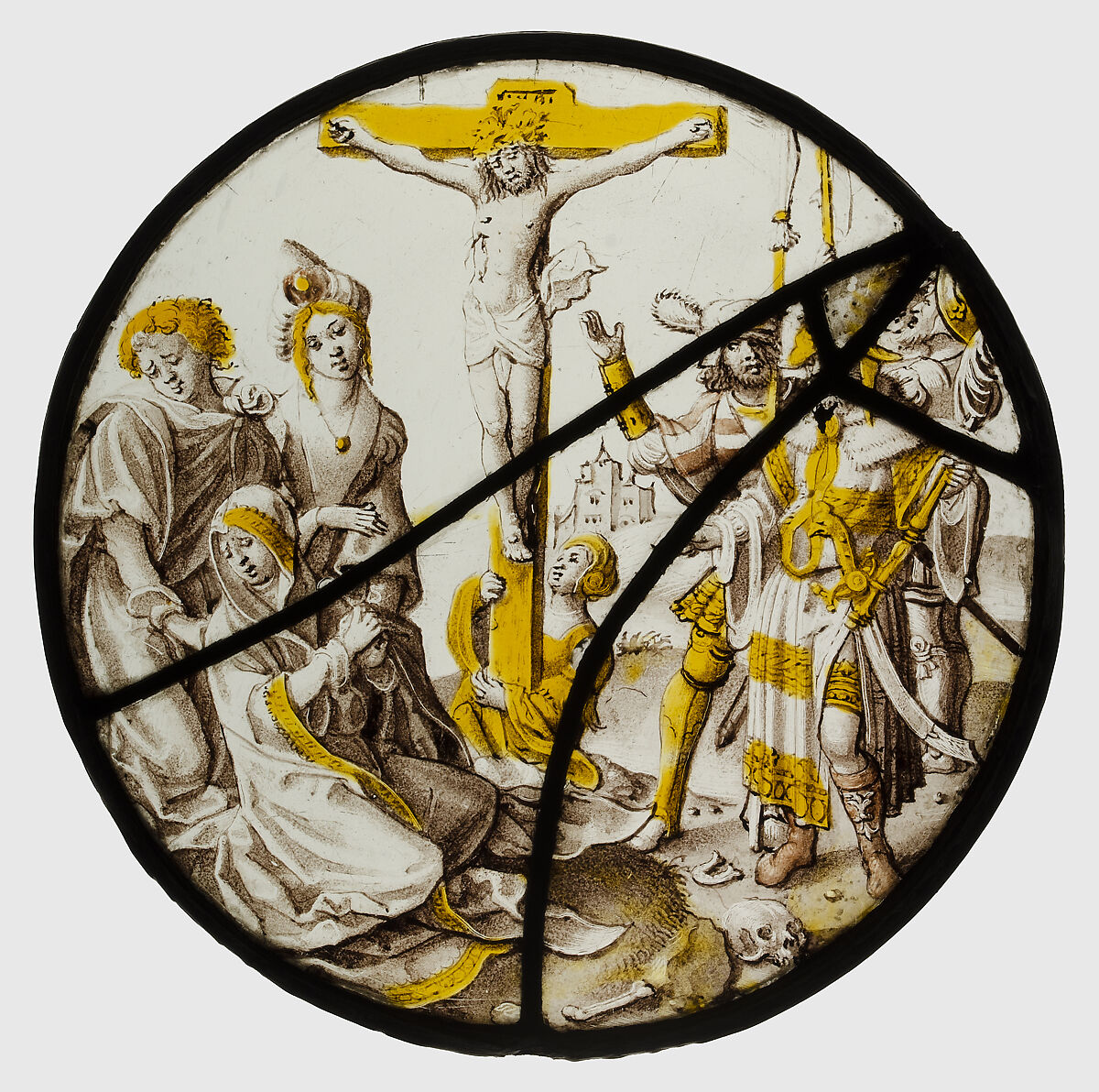 Roundel with the Crucifixion, Colorless glass, silver stain, vitreous paint, South Netherlandish 