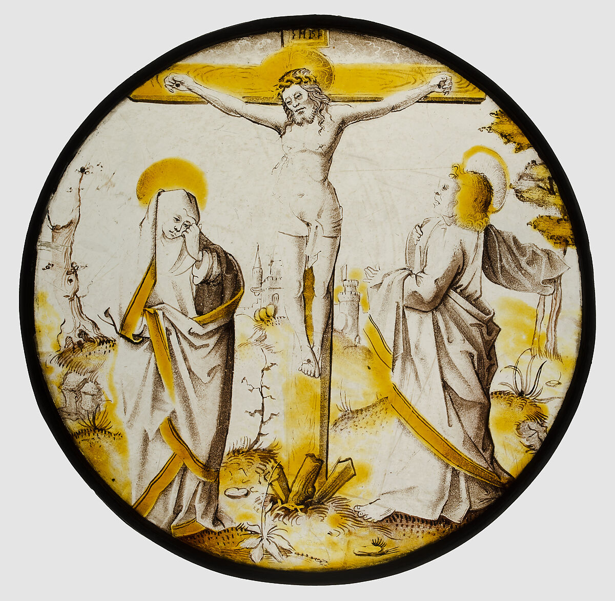 Roundel with the Crucifixion, the Virgin, and Saint John, Colorless glass, silver stain, vitreous paint, South Netherlandish 