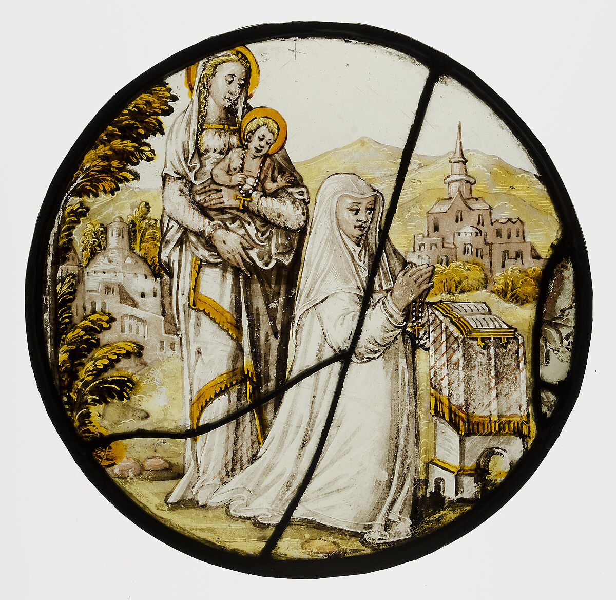 Roundel with Virgin and Child and a Carmelite Donatrix, Colorless glass, silver stain, vitreous paint, South Netherlandish 