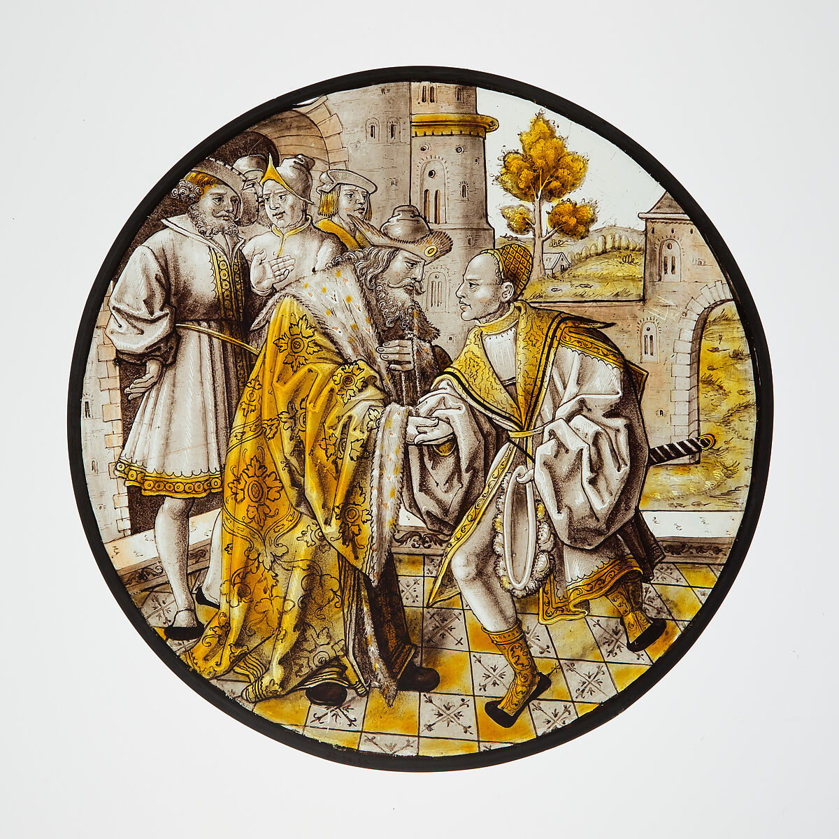 Roundel with Return of the Prodigal Son, Colorless glass, vitreous paint and silver stain, German 