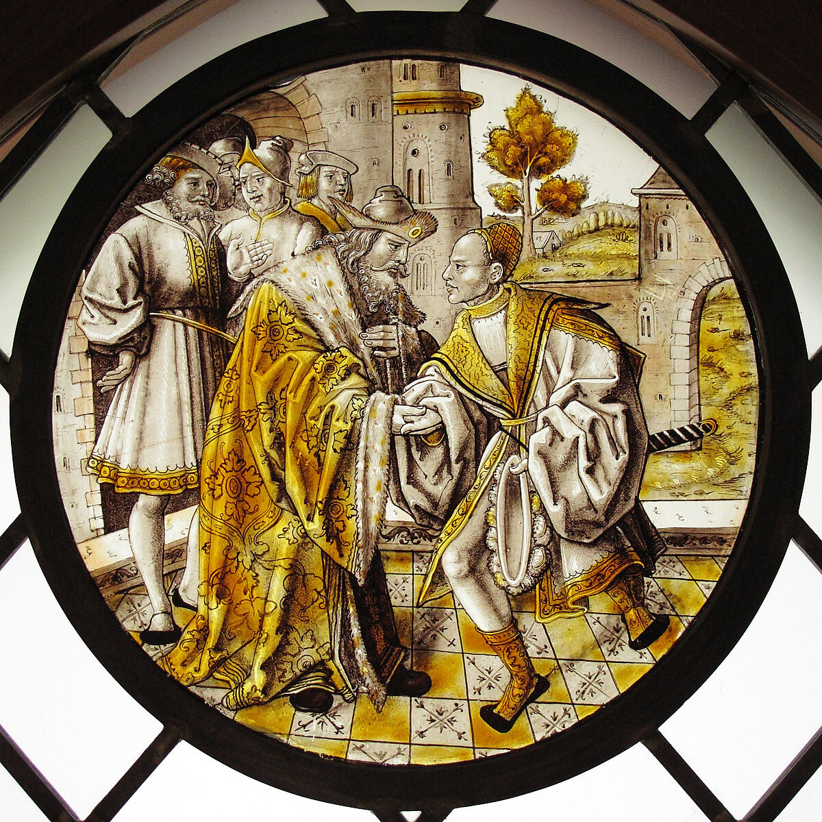 Roundel with Return of the Prodigal Son, Colorless glass, vitreous paint and silver stain, German