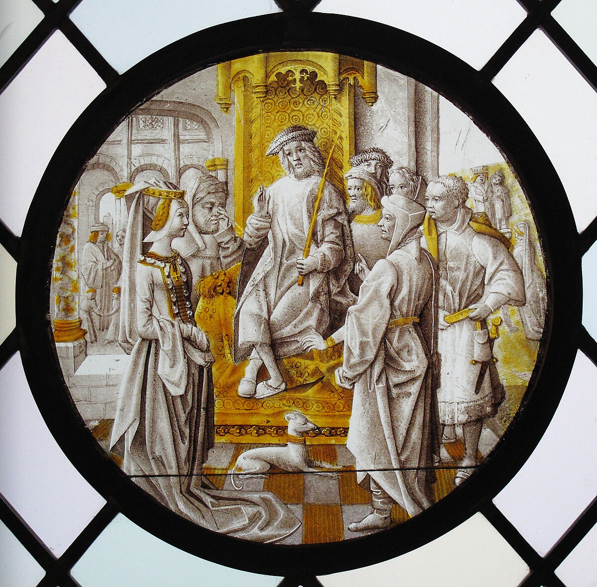 Roundel with Susanna Before the Judge, Colorless glass, vitreous paint and silver stain, South Netherlandish 