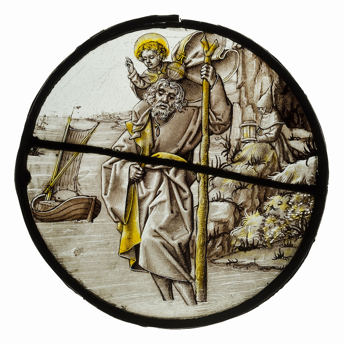 Roundel with Saint Christopher, Colorless glass, silver stain, vitreous paint, South Netherlandish 
