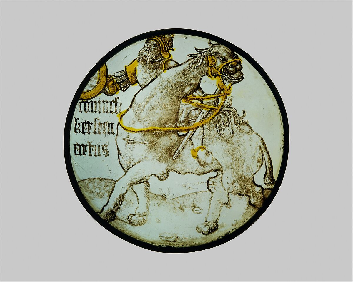 Roundel with King Arthur Riding on a Camel (from a Series of the Nine Heroes), Colorless glass, vitreous paint and silver stain, North Netherlandish