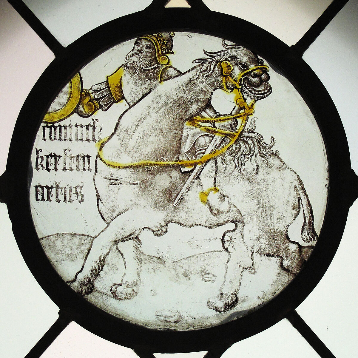 Roundel with King Arthur Riding on a Camel (from a Series of the Nine Heroes), Colorless glass, vitreous paint and silver stain, North Netherlandish