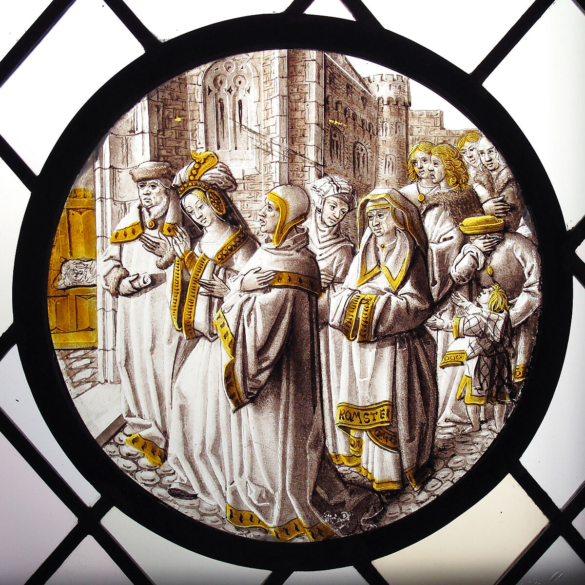 Roundel with Susanna Led to Judgement, Colorless glass, vitreous paint and silver stain, North Netherlandish 