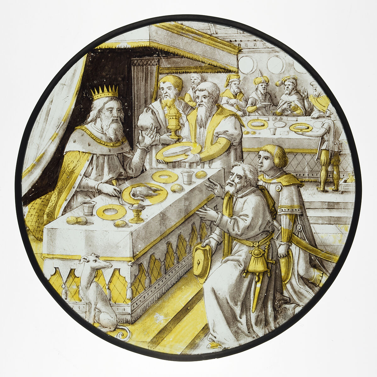 Roundel with Joseph Presenting his father, Jacob, to the Pharoah (from a Series of the History of Joshua), Colorless glass, vitreous paint and silver stain, South Netherlandish 