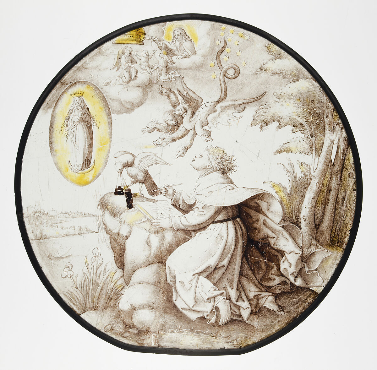 Roundel with Saint John on Patmos with Apocalyptic Vision, Style of Dirck Vellert (Netherlandish, Amsterdam (?) ca. 1480/85–ca. 1547), Colorless glass, vitreous paint and silver stain, South Netherlandish 