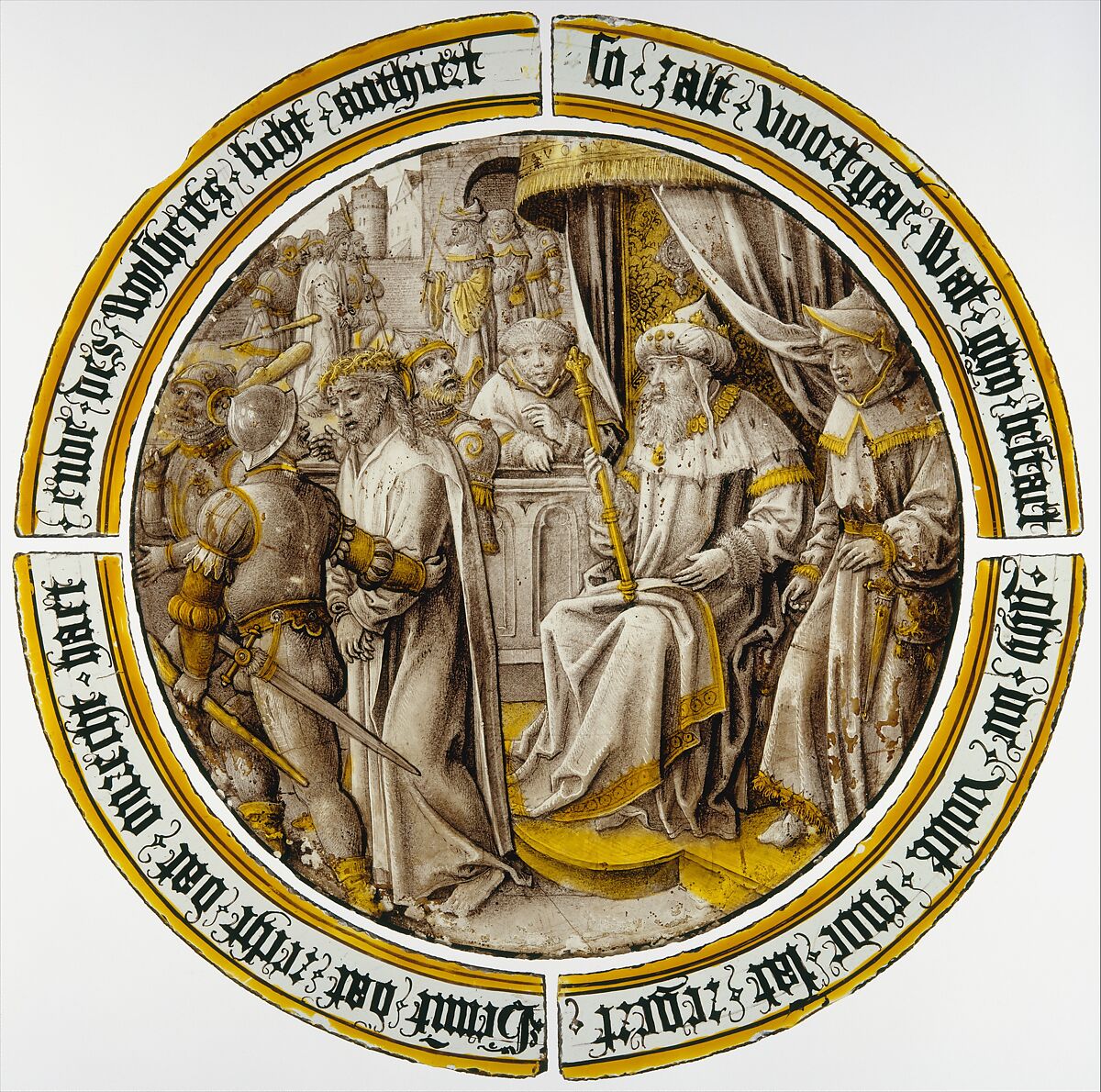 Roundel with Christ Condemned by Pilate, Colorless glass, vitreous paint and silver stain, North Netherlandish