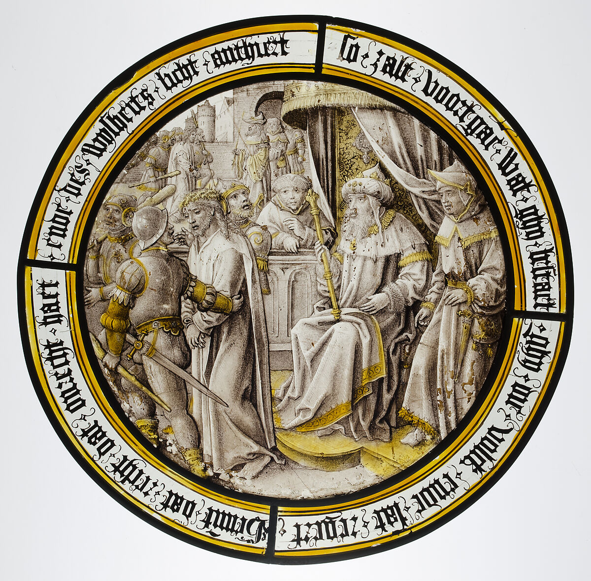 Roundel with Christ Condemned by Pilate, Colorless glass, vitreous paint and silver stain, North Netherlandish