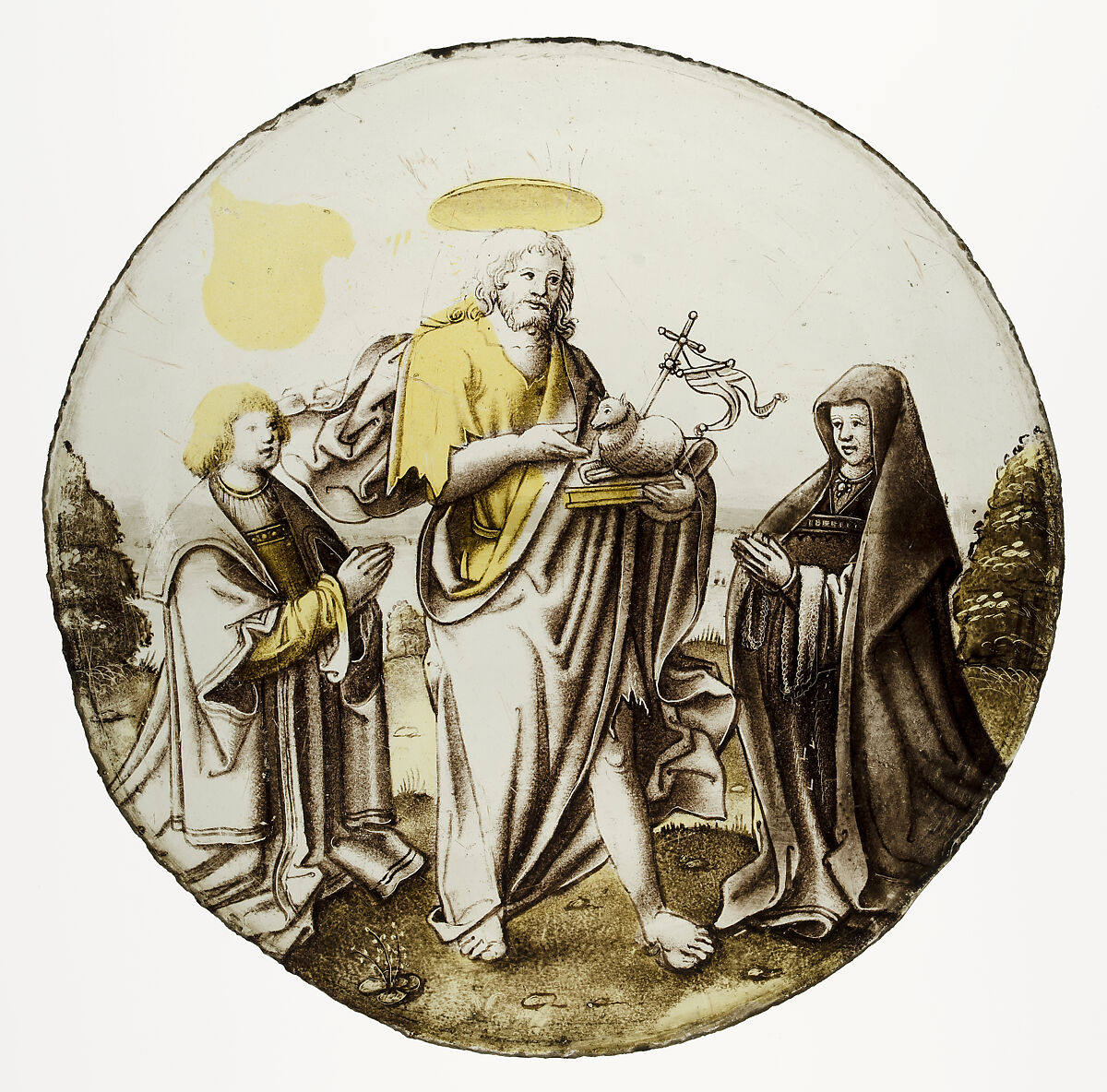 Roundel with Saint John the Baptist and Donors, Colorless glass, silver stain, vitreous paint, South Netherlandish 