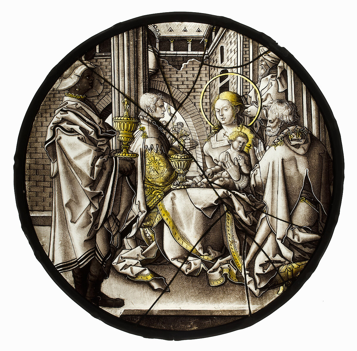 Roundel with Adoration of the Magi, After Heinrich Aldegrever (German, Paderborn ca. 1502–1555/1561 Soest), Colorless glass, silver stain, vitreous paint, German 