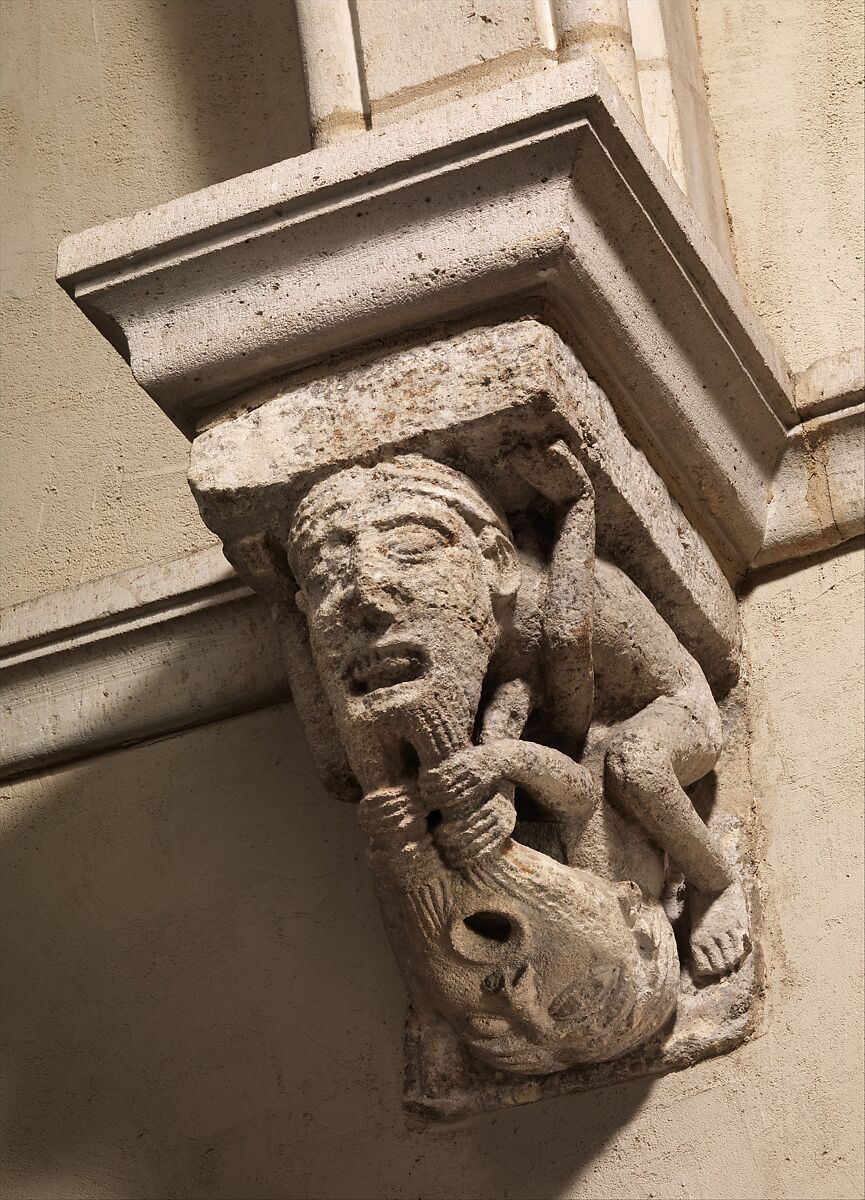 Corbel with a Pair of Beard-Pulling Acrobats, Limestone, French