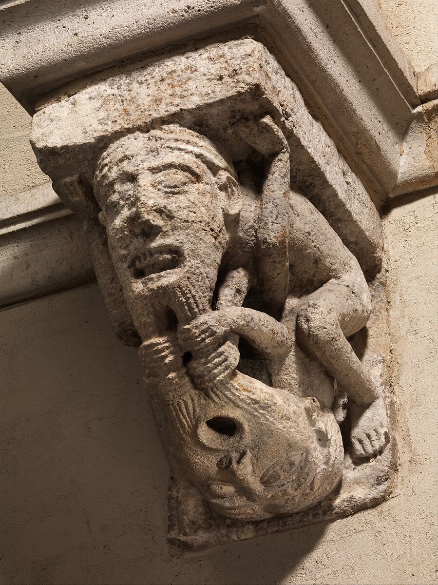 Corbel with a Pair of Beard-Pulling Acrobats, Limestone, French 