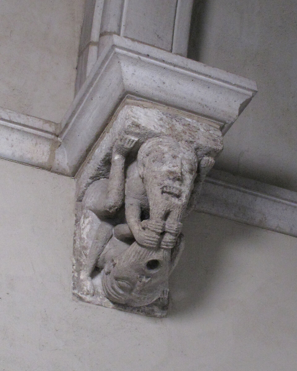 Corbel with a Pair of Beard-Pulling Acrobats, Limestone, French