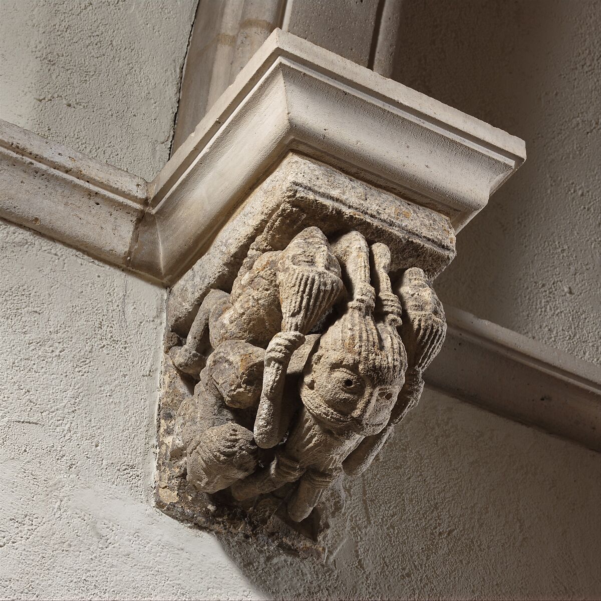 Corbel with Five Interlaced Hair-Pulling Acrobats, Limestone, French 