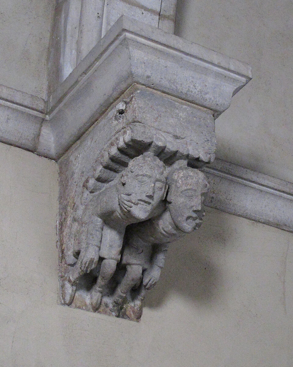 Corbel with Two Men with Fingers in Mouths, Limestone, French 