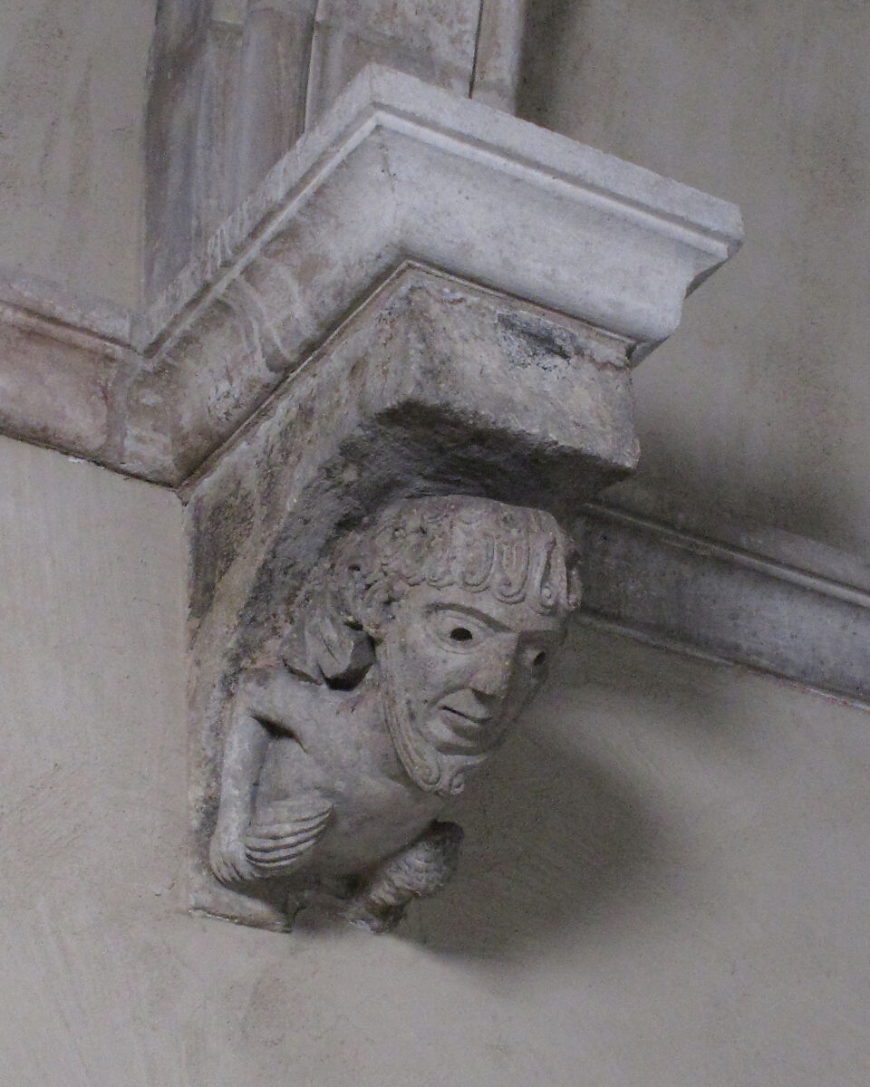 Corbel with Bearded Figure with Pinecone-Like Objects, Limestone, French 
