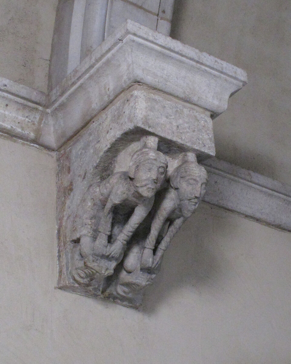 Corbel with Two Men with Legs in the Mouth of Two Beasts, Limestone, French 