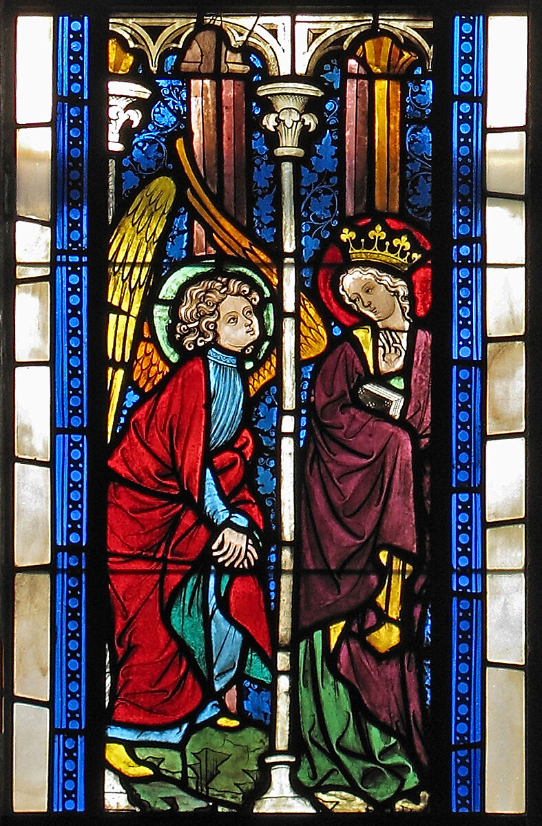 Panel with the Annunciation, Pot-metal glass, colorless glass, and vitreous paint, Austrian