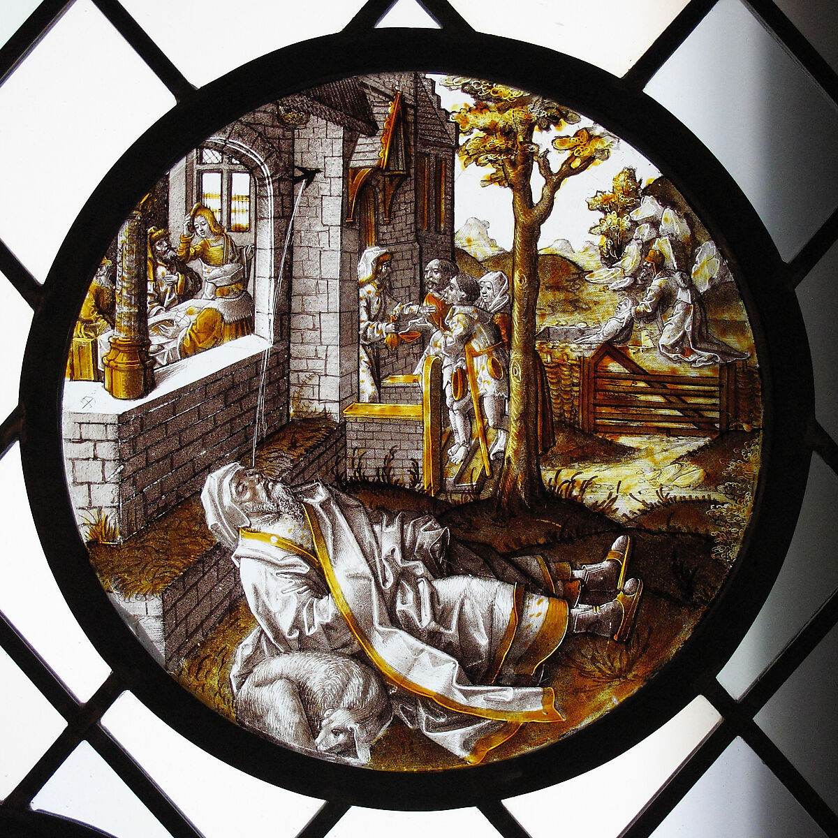 Roundel with the Blinding of Tobit (from a Series), Colorless glass, vitreous paint and silver stain, South Netherlandish 