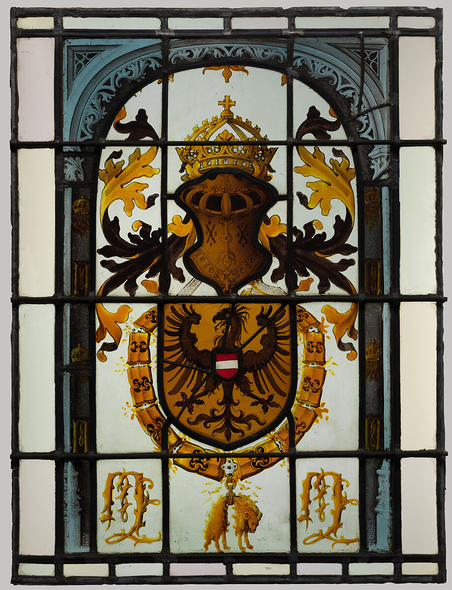 Heraldic Panel with Arms of the House of Hapsburg, Pot-metal glass, white glass, vitreous paint, and silver stain, South Netherlandish