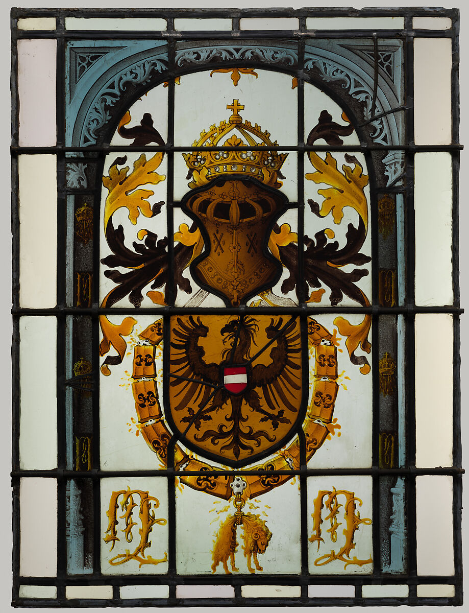 Heraldic Panel with Arms of the House of Hapsburg, Pot-metal glass, white glass, vitreous paint, and silver stain, South Netherlandish 