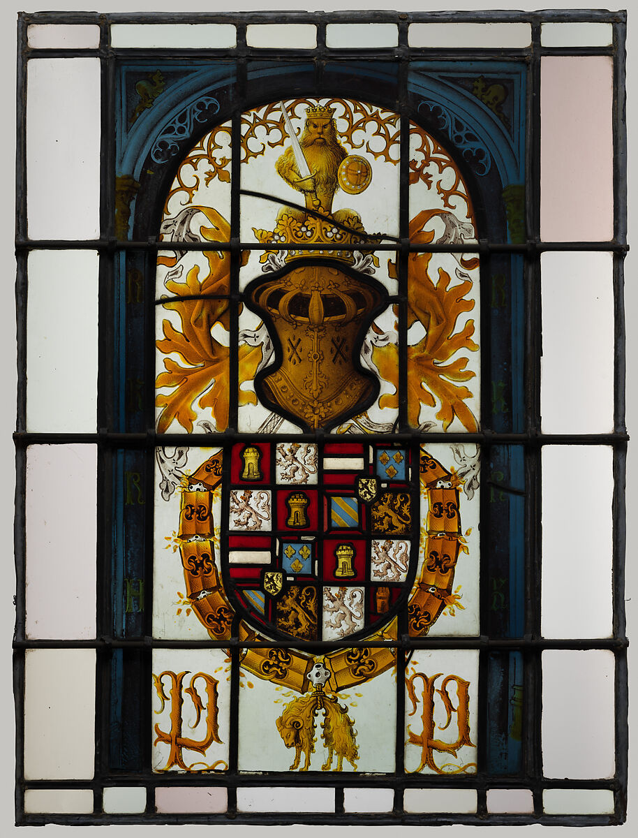 Heraldic Panel with Arms of the House of Hapsburg, Pot-metal glass, white glass, vitreous paint, and silver stain, South Netherlandish