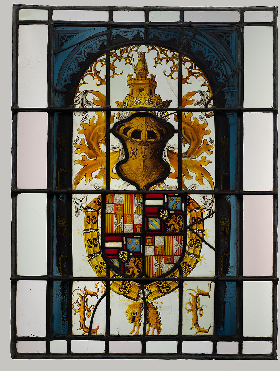 Heraldic Panel with Arms of the House of Hapsburg, Pot-metal glass, white glass, vitreous paint, and silver stain, South Netherlandish