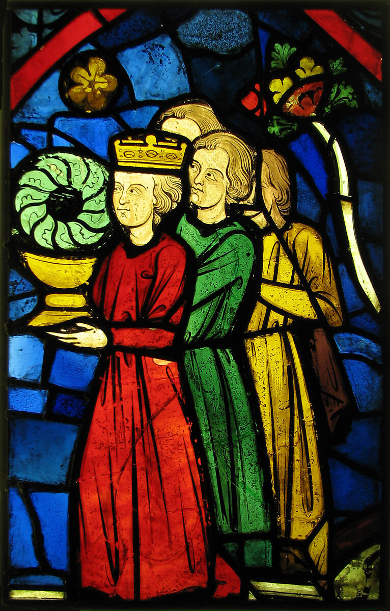 King Louis IX Carrying the Crown of Thorns, Pot-metal glass and vitreous paint, French 