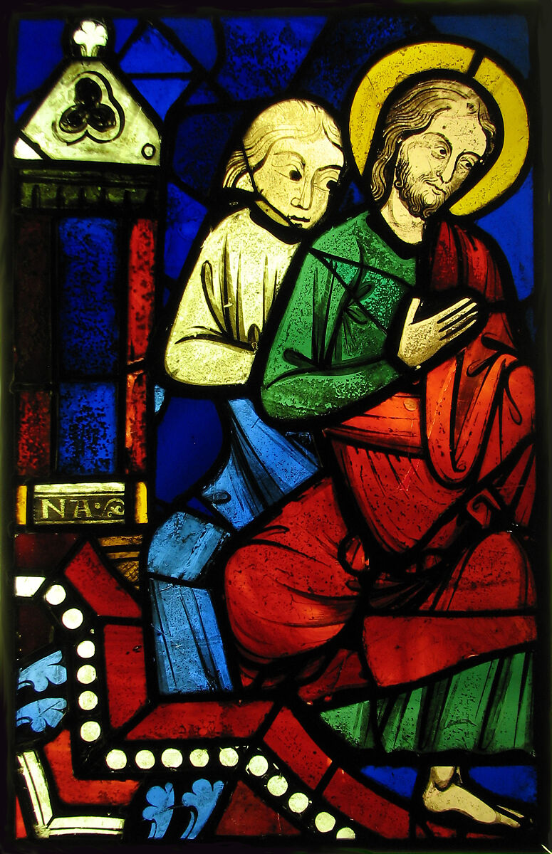 Two Seated Apostles from a Pentecost Scene, Pot-metal glass and vitreous paint, French 