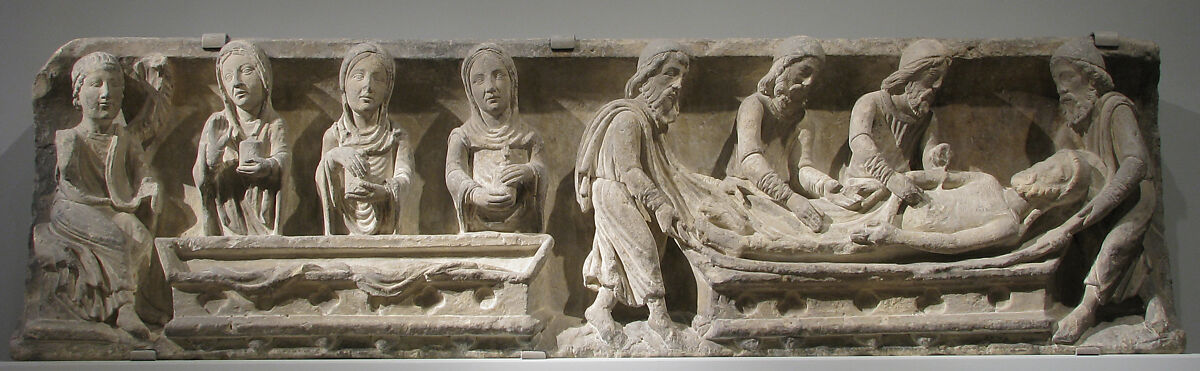 Lintel with the Entombment of Christ (right) and the Holy Women and Angel at the Sepulchre (left), Limestone, French 