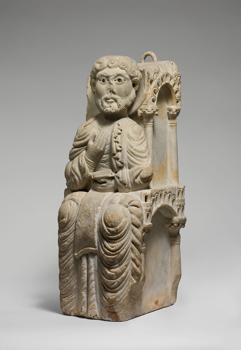 Seated Figure (Prophet or Apostle), Attributed to the Master of Santa Maria la Bianca (Italian, active late 12th–early 13th century), Marble (Carrara marble) with lead and serpentine inlay, Italian